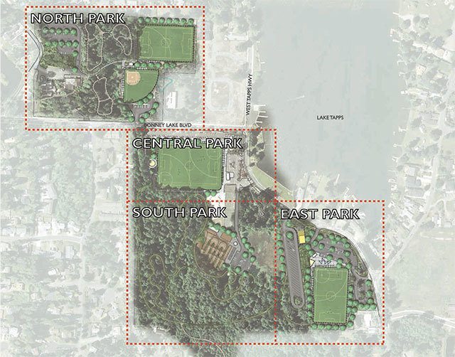 The Master Development Plan for Allan Yorke Part splits the park into four distinct sections: North Park, Central Park, South Park and East Park. Image courtesy of the city of Bonney Lake.