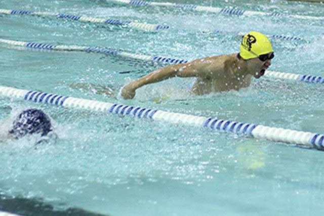 Sumner High’s James Lee competed last Thursday during a home meet against the Olympia Bears. Lee was one second behind qualifying for league in the 100 fly. Photo by Ray Still.