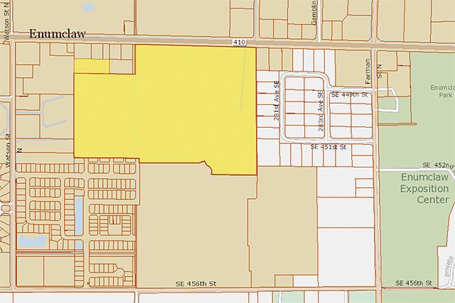 The new developments, in yellow, lie east of Watson Street, south of SR 410, west of the Expo Center and north of S.E. 456th St, also known as Warner Ave. Image courtesy of the King County Assessor’s Parcel Viewer.