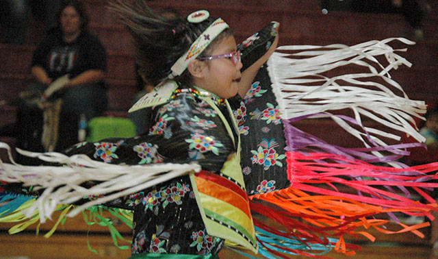 Dancing at the 2016 powwow at Enumclaw High School. Photo by Kevin Hanson.