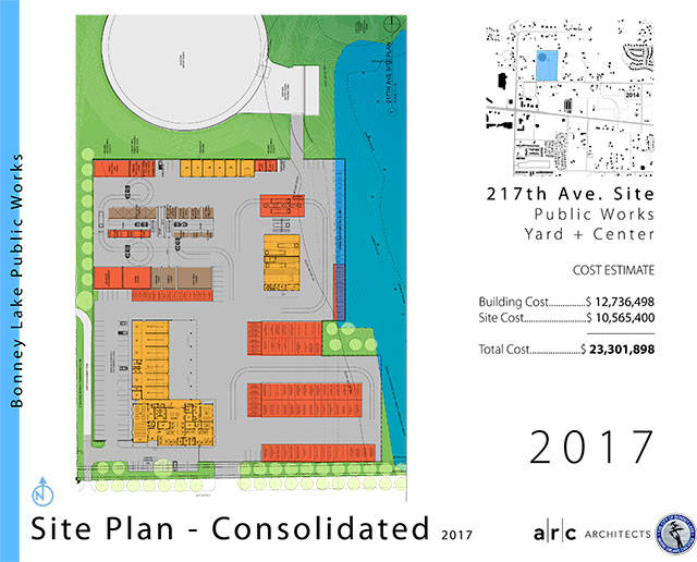 Bonney Lake staff have said they prefer a consolidated Public Works Center plan, putting the building and work yard all on the future 217th Ave site. Image courtesy of the city of Bonney Lake.