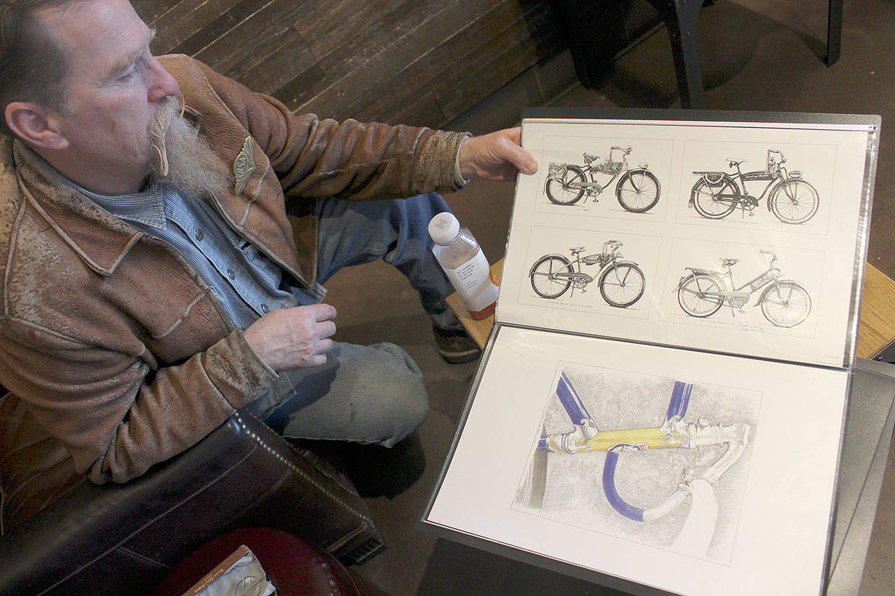 Rick Gilmore, a Puyallup resident, works on motorcycle sketches and art, as well as tattoos. His work will be featured in the upcoming Bonney Lake Artists Reception on April 21. Photo by Bailey Jo Josie