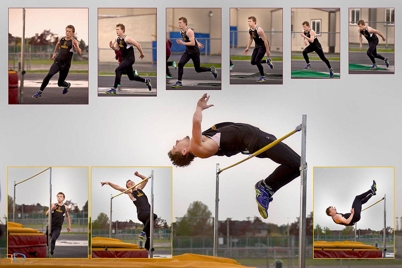 Brandon Barnett, an Enumclaw senior, nabbed fourth place at the the West Central District competition by clearing six feet, two inches on the high jump. Photo compilation by Timothy Barnett.