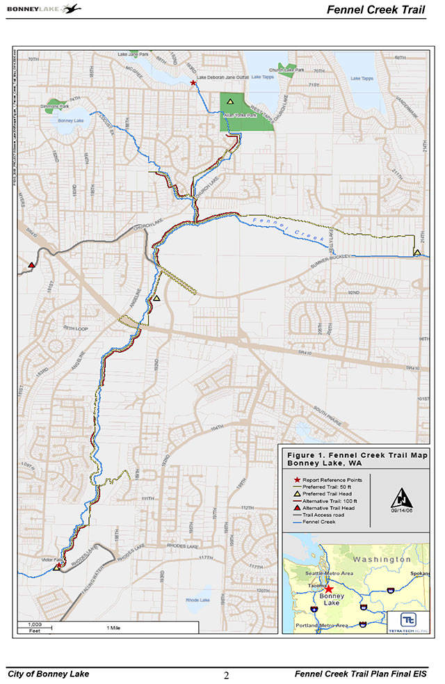 The Fennel Creek Trail is one of many transportation projects Bonney Lake hopes to tackle in the next six years. This project would expand the trail to the Cimmer and Willowbrook properties near Angeline Road to Victor Falls. Image courtesy of the city of Bonney Lake