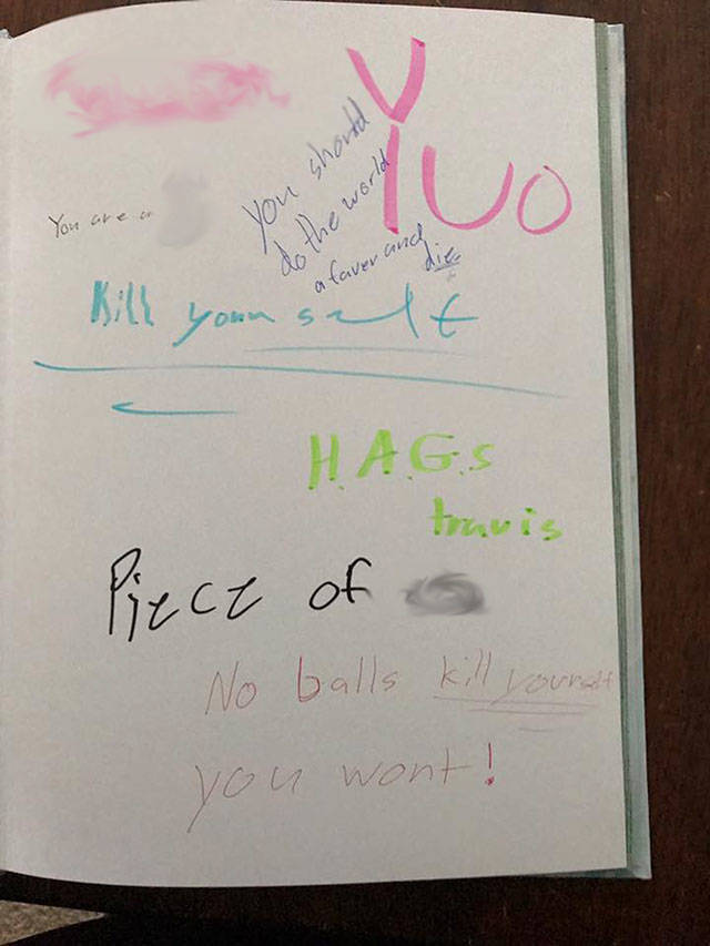The yearbook of a seventh-grade Glacier Middle School student told his mother he was going to kill himself after his yearbook was filled with obscenities. Image courtesy of Shannon.