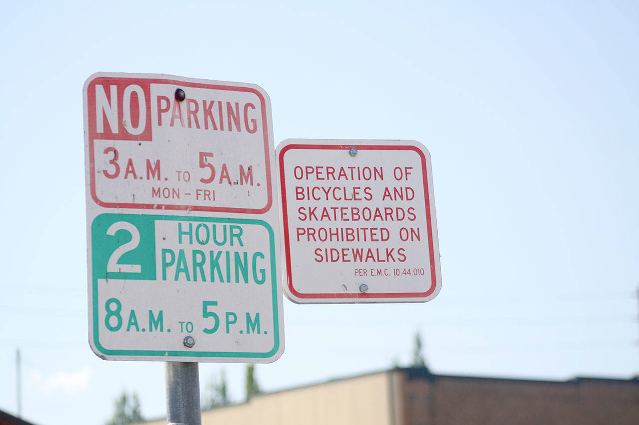 New signs will soon be placed around downtown Enumclaw, letting people know the new time limit (3 hours) and the new fine ($40) for parking longer than allowed. Photo by Dennis Box