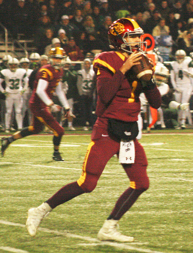 Enumclaw quarterback Kellen Kranc looks for a receiver during Friday night’s game against Skyline. Photo by Kevin Hanson