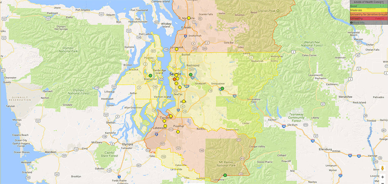 The Puget Sound Clean Air Agency updates maps of air quality in Washington. For more up to date data, go to https://secure.pscleanair.org/AirQuality/NetworkMap.