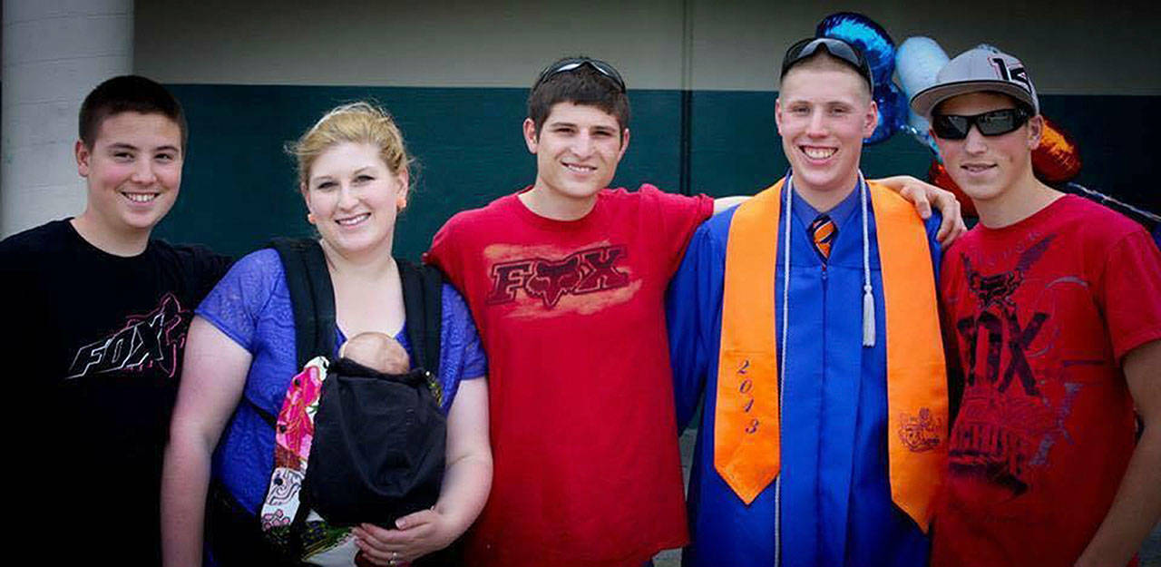 Nancy Babst’s five children, Alex, Kristen, James (J.T.), Joshua, and Garrett, at Joshua’s 2013 high school graduation. Garrett and James died within four months of each other, Garret in November 2014 and James in February 2015. Submitted photo