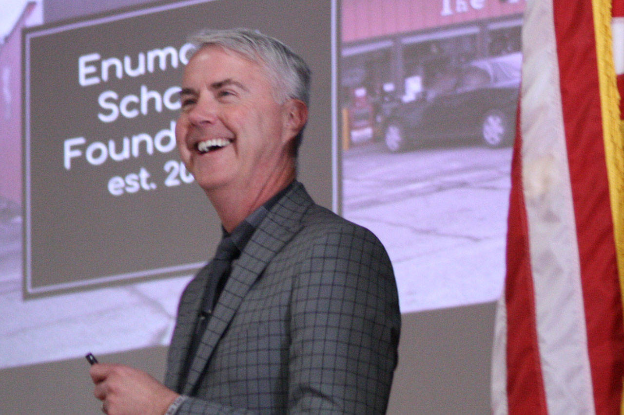 Superintendent Mike Nelson shares a laugh with his audience during the recent “Jazzing Up Education” fundraising luncheon. Photo by Kevin Hanson