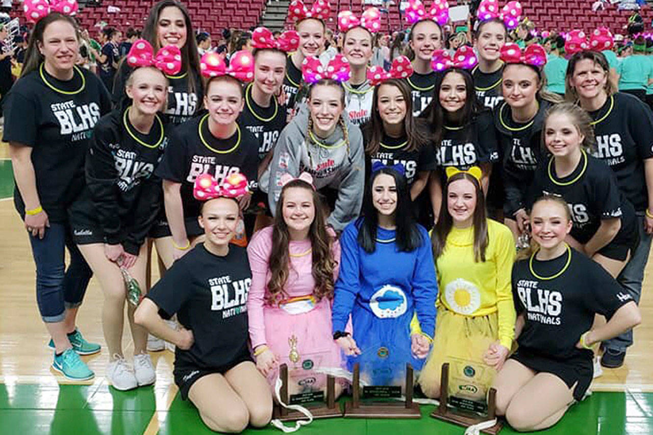 Bonney Lake’s dance and drill team gathered for a group photo after winning a state title at the Yakima Valley SunDome. CONTRIBUTED PHOTO