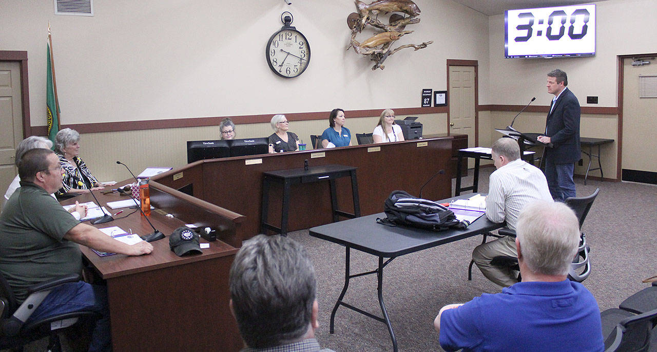 Raegan Dunn spoke with the Black Diamond City Council during the May 3 meeting, presenting his own version of the “State of the County.” Photo by Ray Still