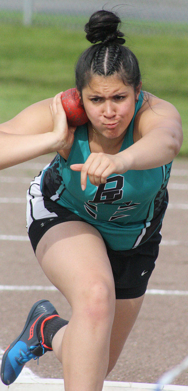 Bonney Lake’s Dreakeanna Adair, a two-time defending state champion, easily won the shot put event during Thursday’s meet in Sumner. KEVIN HANSON PHOTO
