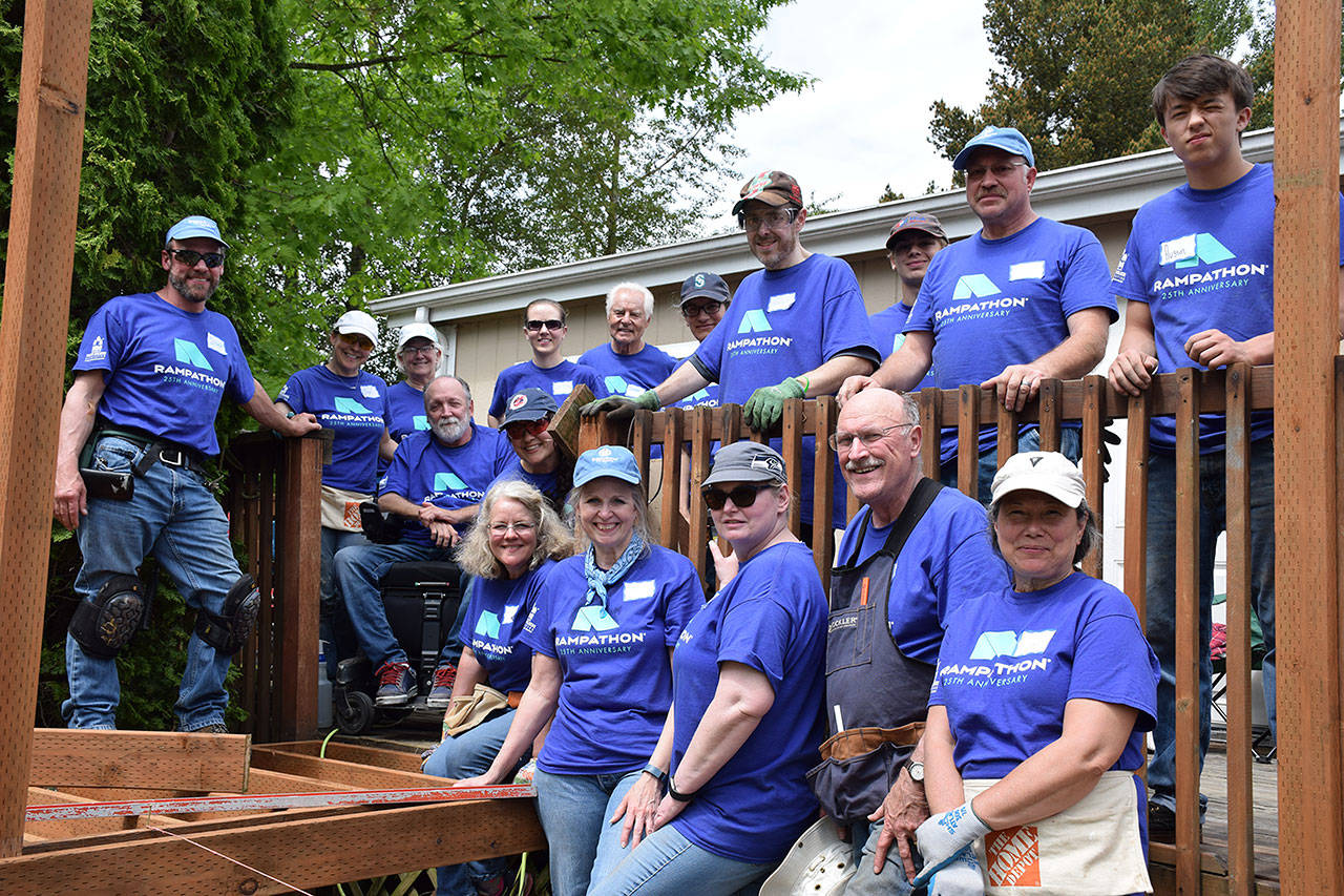 Volunteers from Building Beyond the Walls in Enumclaw helped construct Stephen Meyer’s new wheelchair ramp at his home for Rampathon last Saturday. Submitted photo