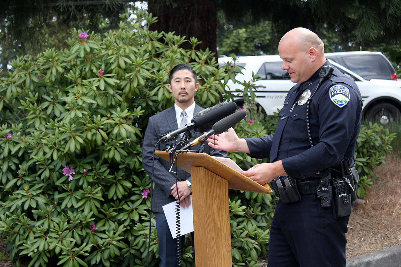 Bonney Lake Officer Daron Wolschleger gave an update about Liliana Christopherson’s recovery and reunion with her family Monday, June 4. Tiani Grosso photo