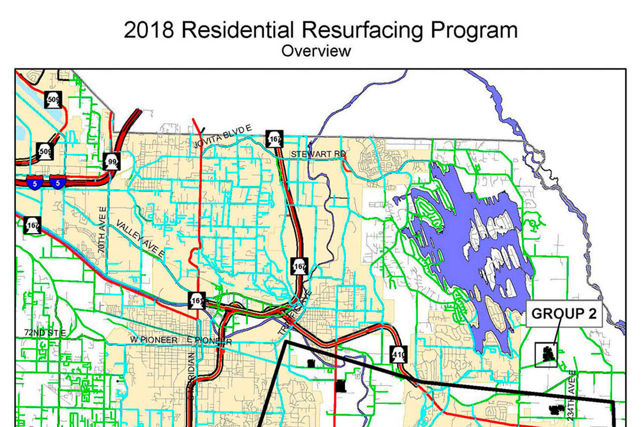An overview of where road resurfacing work will be taking place around Bonney Lake. For more detailed maps, visit &lt;a href="https://www.co.pierce.wa.us/4288/Residential-Resurfacing-Program" target="_blank"&gt;https://www.co.pierce.wa.us/4288/Residential-Resurfacing-Program&lt;/a&gt;. Image courtesy Pierce County