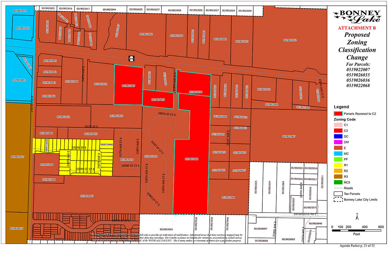 The red-highlighted areas of the map represent where Bonney Lake re-zoned Eastown to general industry, and will be where apartments will be built in the next two years. Image courtesy Bonney Lake
