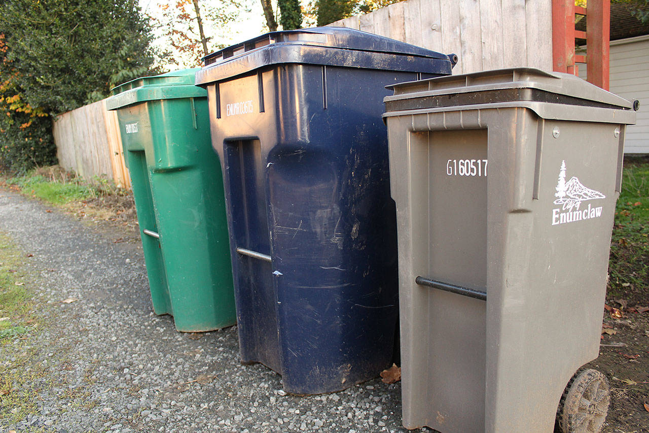 Enumclaw residents with smaller garbage bins (32 gallons or less) will end up paying more under this new rate structure, while those with larger bins will end up paying less. Photo by Ray Miller-Still