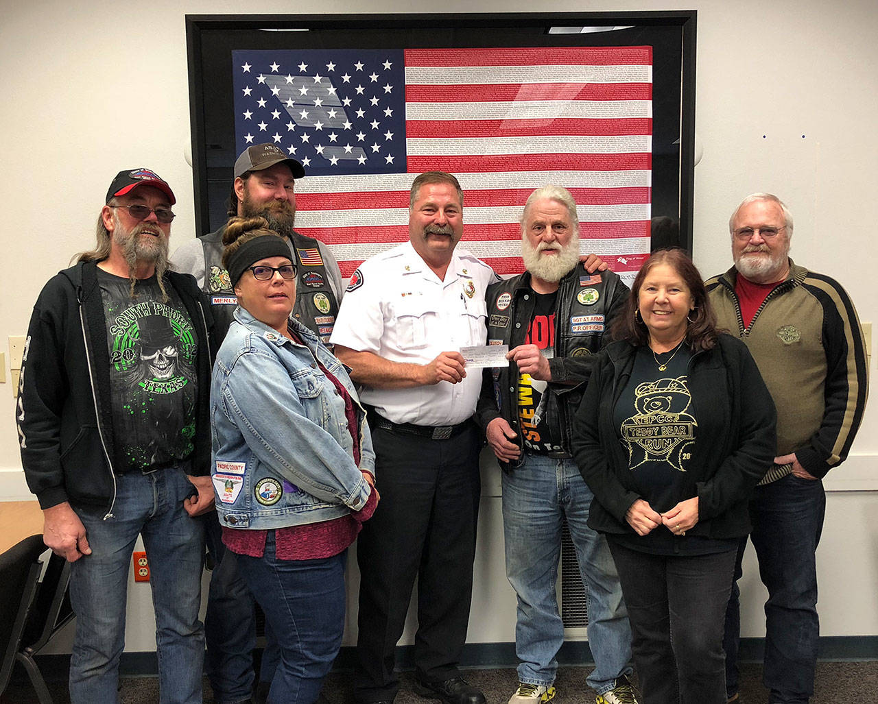 Left to right, ABATE Coordinator Ray Hash, Member Frankie McNeal, Deputy Coordinator Joe Cain, Fire Chief Bud Backer, Public Relations Chair Mitch Nelson, Secretary/Legislative Affairs Laura Cain, and Treasurer Chuck McNeal. Submitted photo