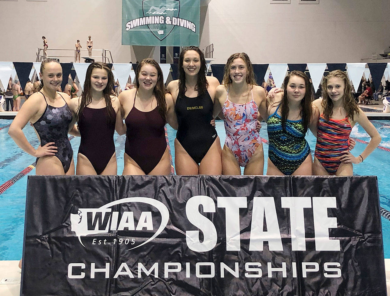 Competing for Enumclaw High at the state swim meet were, from left, Elsie Pratt, Anna Bogh, Jessica Lee, Ryley Pilato, and Margaret Petellin; also making the trip were alternates Cameron Lee and Ella Hoyne. Submitted photo