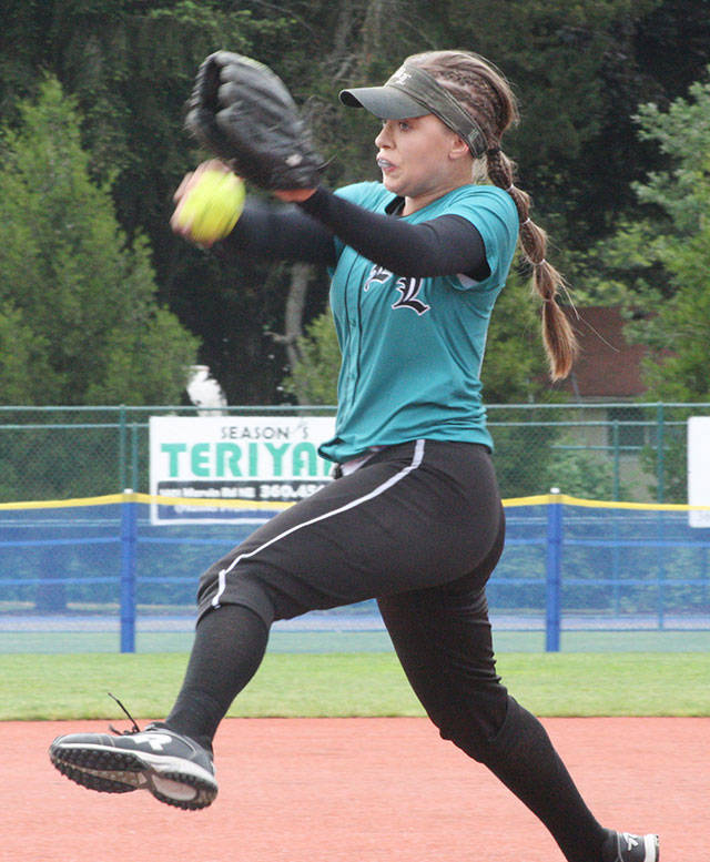 Bonney Lake’s Brooke Nelson, a two-way standout on the softball diamond, signed last week to play for the University of Washington. In this photo, she delivers during the opposing game of last year’s Class 3A state championship. File photo by Kevin Hanson