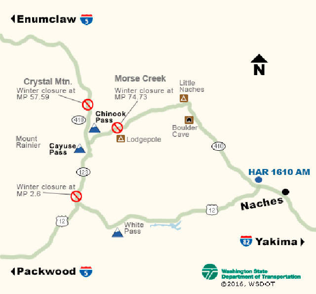 Commercial vehicle traffic is prohibited on SR 123 and SR 410 through Mount Rainier National Park. Commercial vehicles are allowed on US 12 White Pass. Image courtesy Department of Transportation.