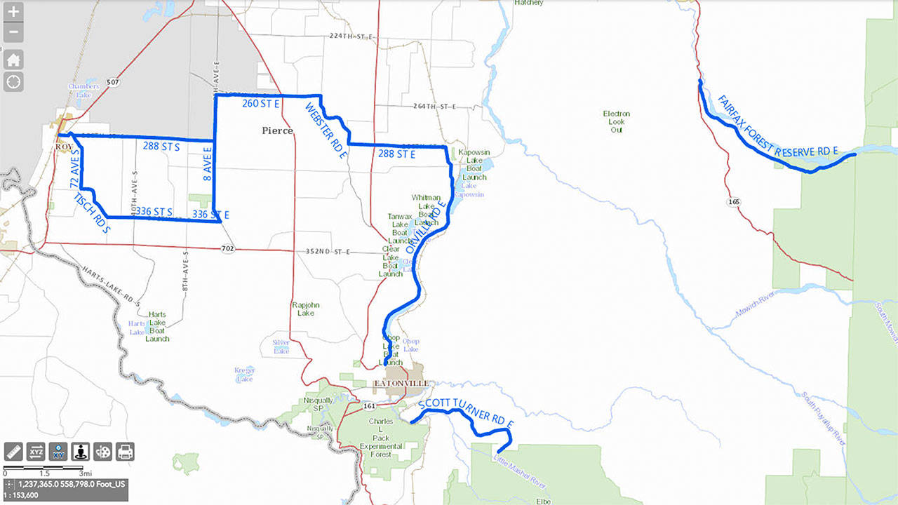 Wheeled all-terrain vehicles will be allowed on approximately 52 miles of roadway in East Pierce County. A map of the approved routes is available at www.piercecountywa.gov/watv. Additional roads may be added over time. Image courtesy Pierce County.