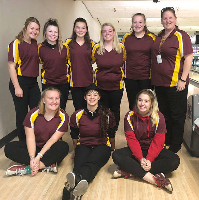 The White River High bowling team: in back, from left, Marissa Dolson, Maddie Firle, Taylor Tjossem, Morgan Smith, Mallory Whipple and coach Peggy Jacobsen; in front are the team’s three seniors, Rylee Goetz, Dakota Farrer and Peyton Wallen.