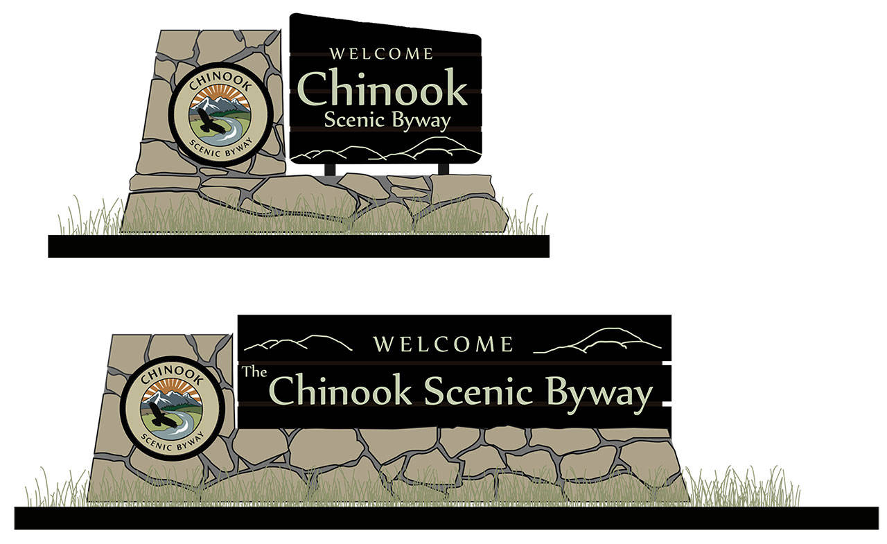 The Chinook Scenic Byway nonprofit was looking to use one of these two designs to welcome drivers to the nationally-recognized byway stretching from Enumclaw to Naches, Washington. In the end, CSB is expected to construct something closer to the top model. Image courtesy Chinook Scenic Byway