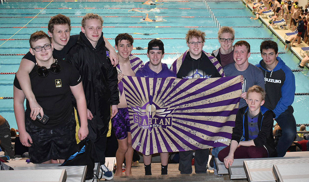 The Sumner High squad gathered for a photo at the King County Aquatic Center. From left: Austin Mackey, Ben Naylor, Dylan Tomsic, Conner Poore, Ryan Wike, Tyler Ouimet, Jack Harrington, Gabe Ford, Garrett Lockhart and Joey Schwendeman. Submitted photo