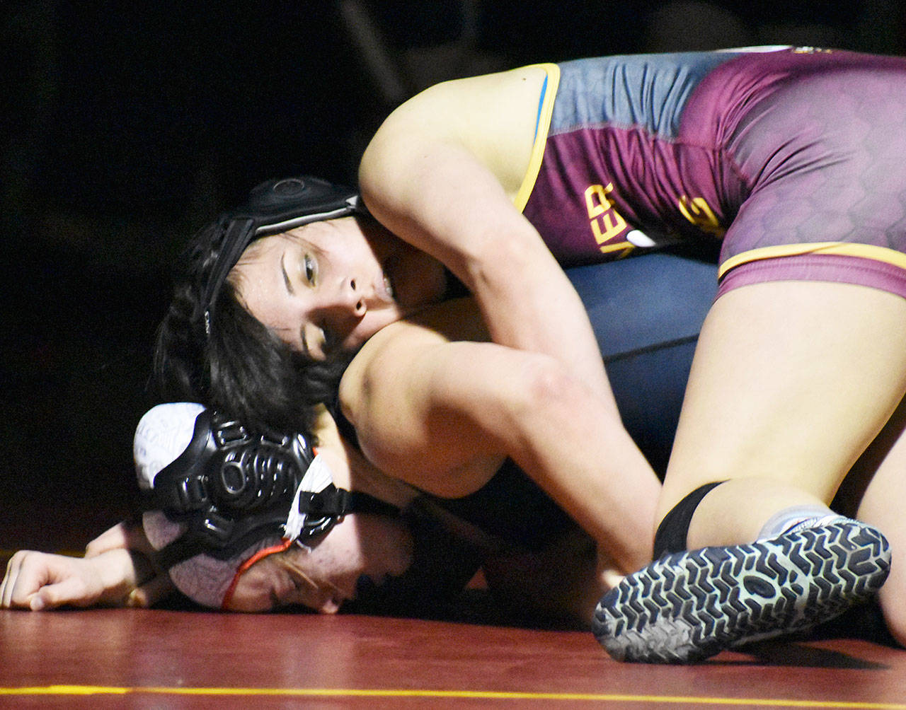 The White River High girls hosted a night of wrestling Jan. 10, bringing together athletes from several schools while also highlighting a few youth wrestlers from the Buckley area. Pictured is Alex Hernandez. Photo by Kevin Hanson