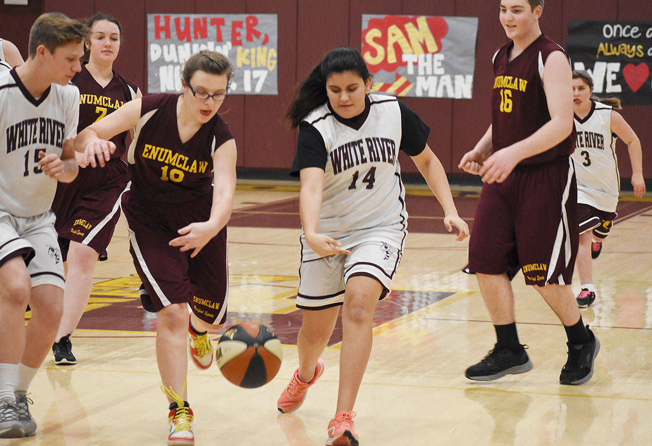 Enumclaw and White River programs got together again this year for an evening of Unified Special Olympics basketball, unrelated to their schools’ postseason. A game was first played in Buckley and then, a week later on Jan. 30, in the EHS gymnasium. Here, Enumclaw’s Desiree Peterson scrambles for a loose ball, along with White River peer tutor Rashida Badri, an exchange student from Morocco. Also pictured are Enumclaw’s Danny Martin (16) and Delaney Murphy (7) and White River peer tutor Tyson Campbell (15). Photo by Kevin Hanson