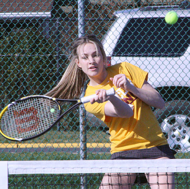 Emily Miller is back for her senior season of tennis at Enumclaw High. This file photo is from a match in spring 2018.