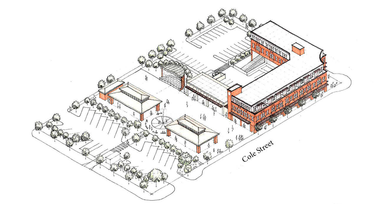 Local businesswoman Marilyn Nelson’s proposal for downtown Enumclaw, between Initial Avenue and Stevenson Avenue, got the Enumclaw City Council’s attention with its public pavilion and historic-looking retail and condo structures. However, the project was quickly deemed to be financially untenable. Image courtesy city of Enumclaw