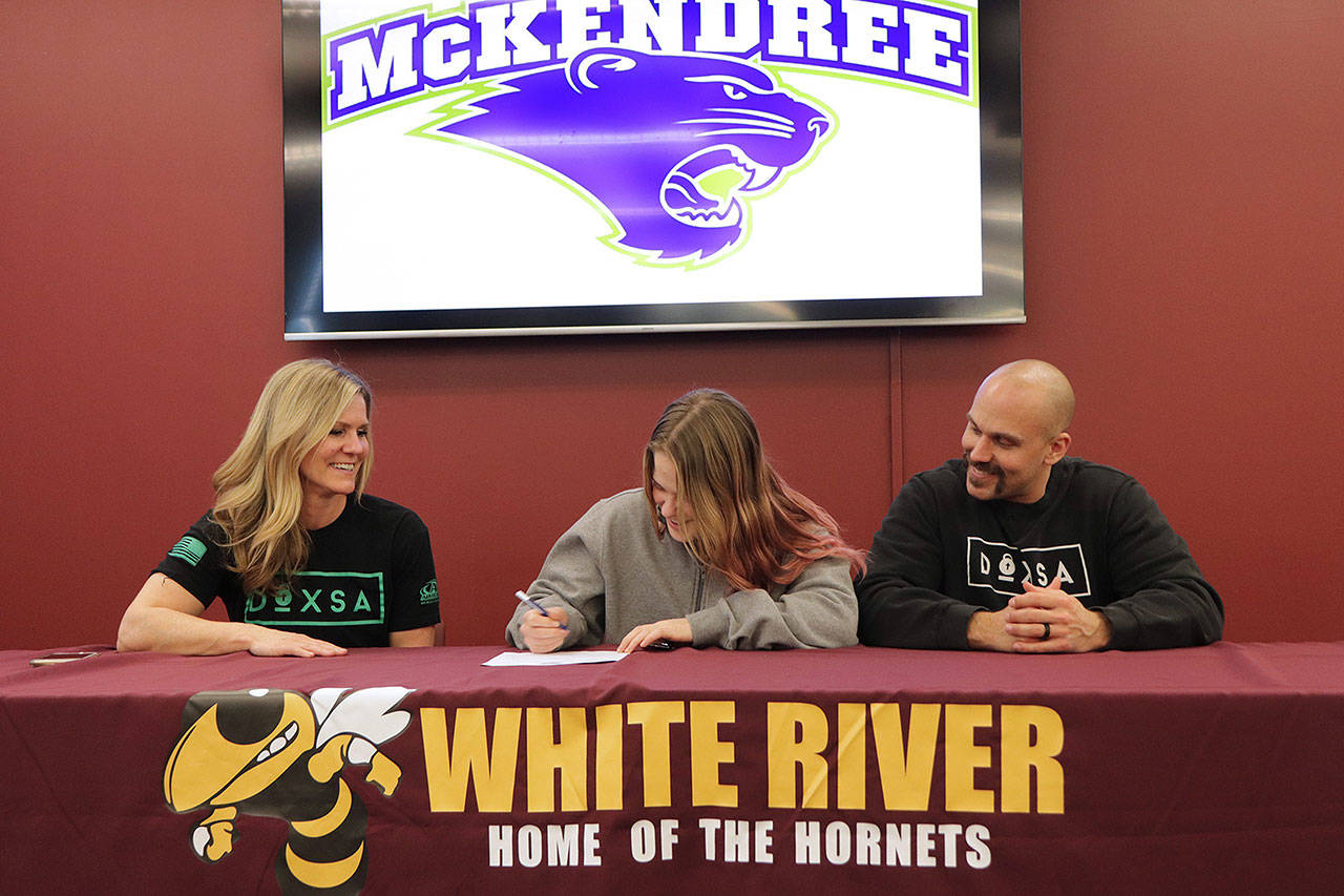 Participating in signing ceremonies at White River High School were Payton Stroud, above, and Lee Audrey Norris, Chloe Narolski, and Kaina Harris, below. Photos courtesy White River High School