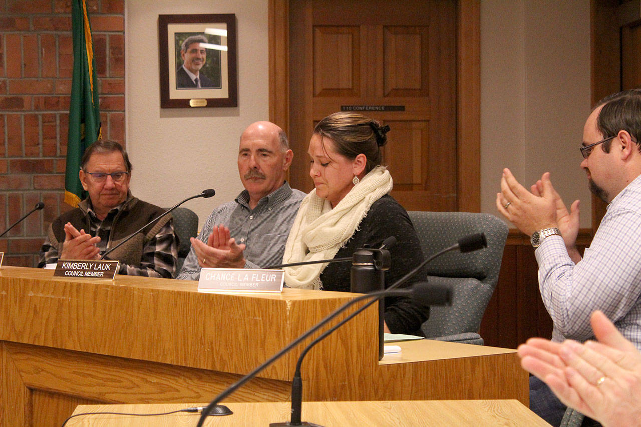 A tearful Kimberly Lauk announced her resignation from the Enumclaw City Council during the April 22 meeting. It’s unclear why she resigned, but plans to stay in the area to raise her children. Photo by Ray Miller-Still