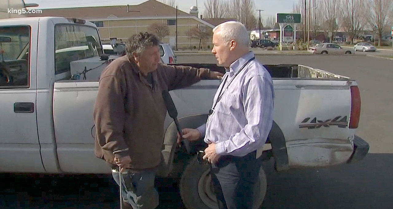King 5 investigator Chris Ingalls found Allan Thomas outside Enumclaw’s True Value to ask him a few questions concerning Drainage District 5. Ingalls’ report was aired April 25,<a href="http://www.king5.com/article/news/in-rural-king-county-elected-official-answers-to-no-one/281-a6130794-2ef3-4351-86fb-7e925ecc21aa" target="_blank"> which you can watch here</a> (www.king5.com/article/news/in-rural-king-county-elected-official-answers-to-no-one/281-a6130794-2ef3-4351-86fb-7e925ecc21aa). Image courtesy King 5 News