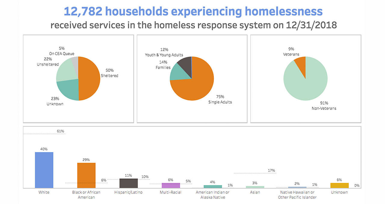 An overview of homelessness in King County, provided by All Homes new interactive dashboard at www.http://allhomekc.org/data-overview/. Image courtesy All Home King County