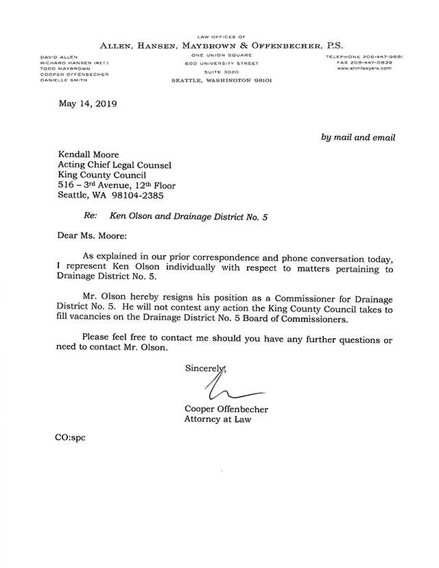 Kenneth Olson, one of the two commissioners for Drainage District 5, resigned his seat on May 14 after several investigations have started examining Allan Thomas, the other commissioner, for stealing taxpayer money and ignoring election laws. A larger image of the letter is below. Image courtesy King County