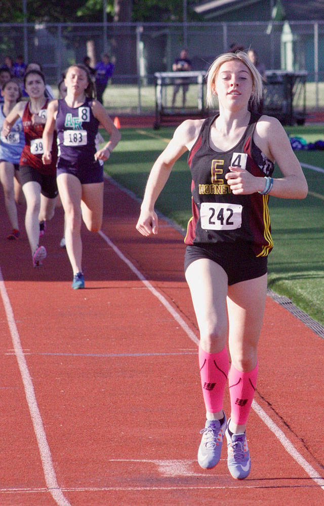 Enumclaw’s Payton Roberson is out in front, on the way to victory in the 800 meters during the May 9 NPSL meet. Photo by Mark Klaas, Auburn Reporter.