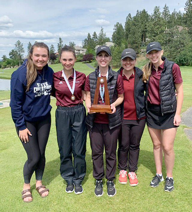The White River girls brought home a third-place trophy from the Class 2A tournament. From left are Ashley Bucholz, Brooke Gelinas, coach Anna Rose, Emma McGregor, and Brooke Mahler. Submitted photo