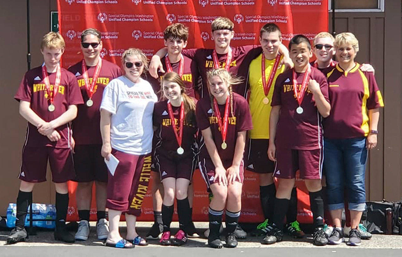 White River Team No. 1 won district and advanced to the state unified soccer tournament. In back, from left, Lucas, Lamont, coach Heather, Jaxson, Eric, Zach, Alex, Hunter and coach Becky; in front are Stacia and Mack. Contributed photo
