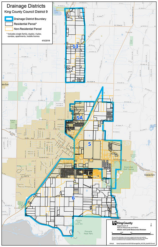 King County Drainage Districts 5, 6, and 13 will soon have new commissioners, but anyone wanting to serve on their various boards can file for the next election, which will be held Feb. 4, 2020. A larger map is viewable below. Image courtesy King County