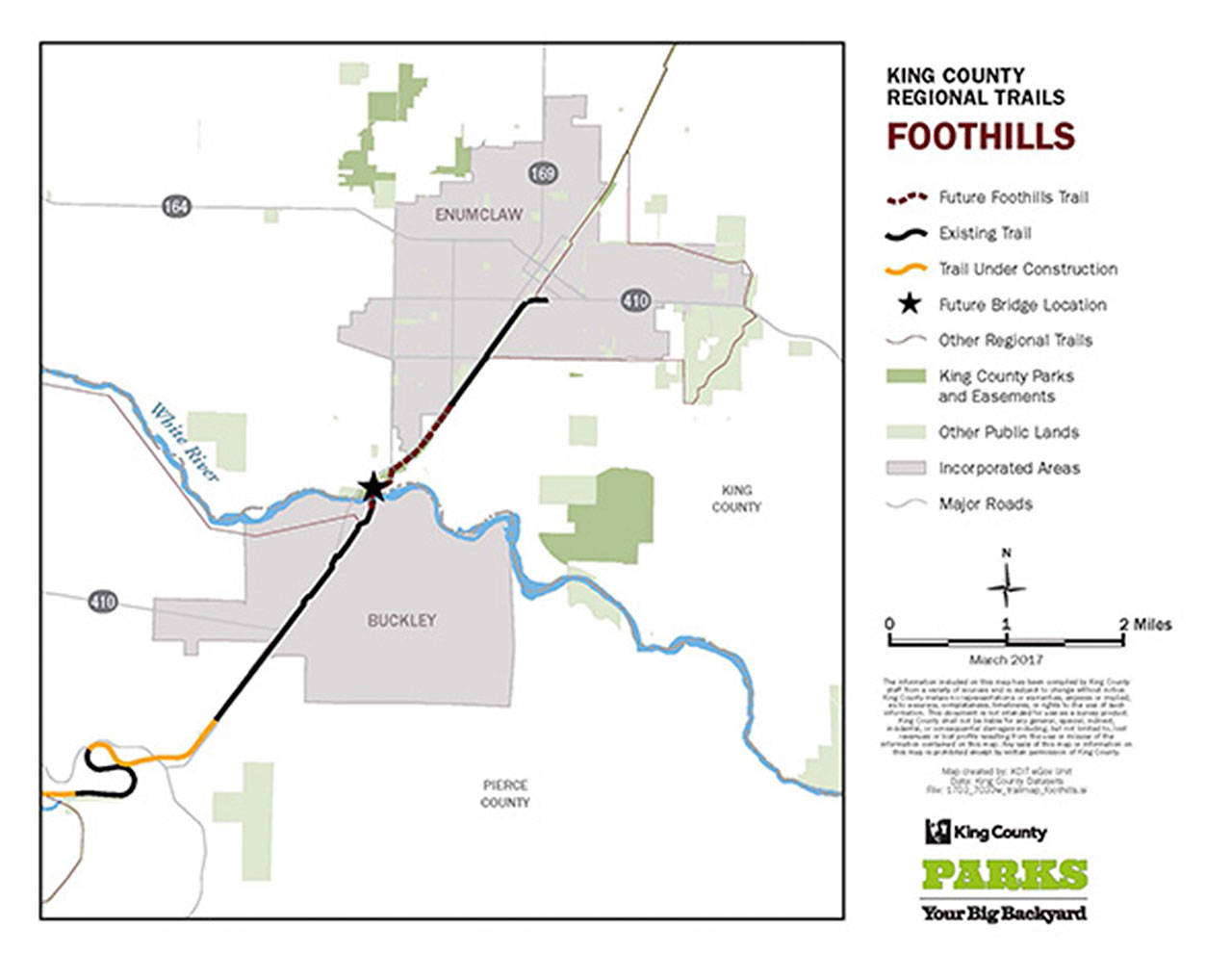 As soon as the Enumclaw and Buckley side of the Foothills Trail meets the White River, a new bridge will be constructed with county and state funds. Image courtesy King County