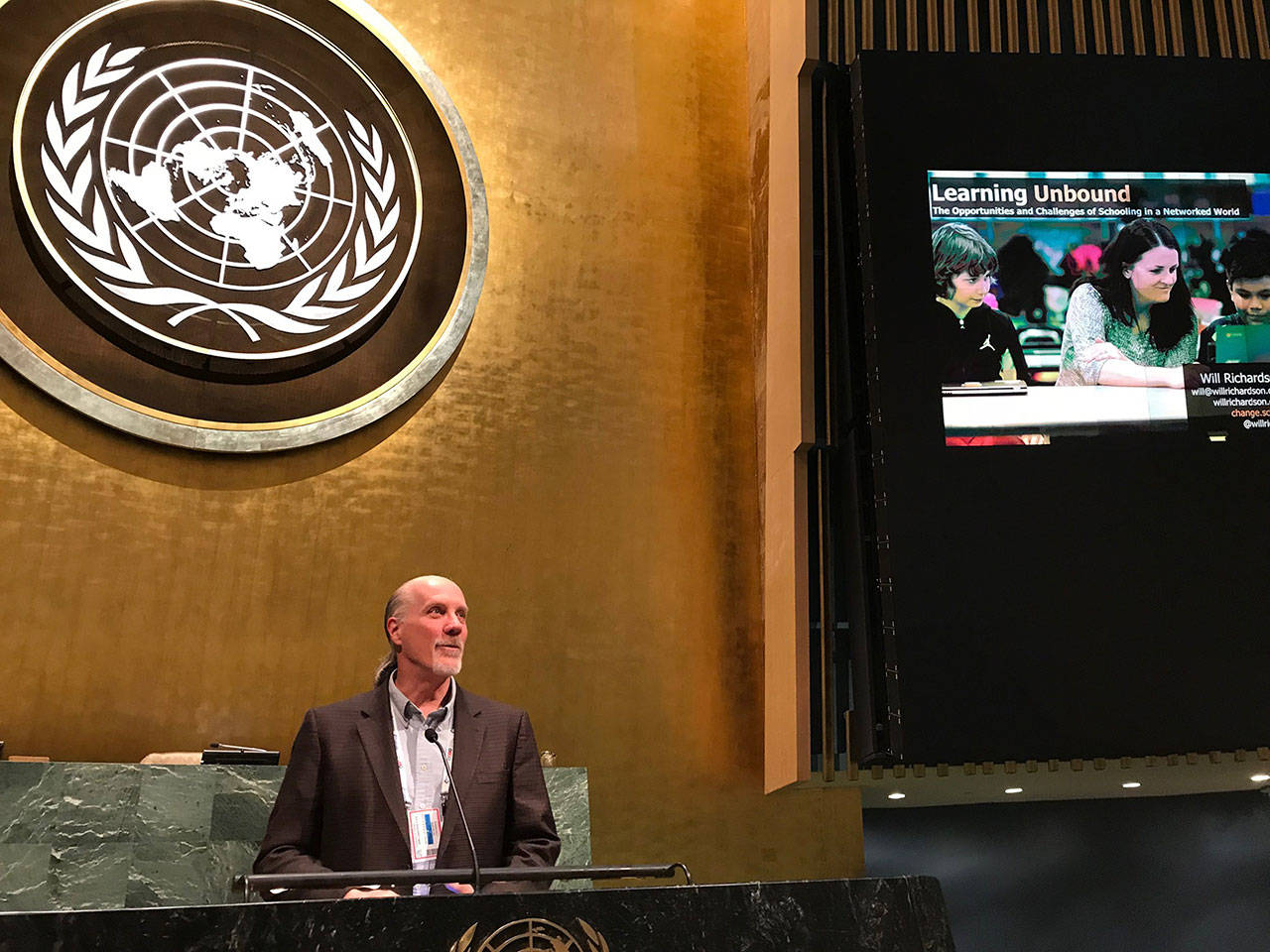 Will Richardson spoke for a group of International School leaders at the United Nations back in January 2018 about the future of education and learning. Contributed photo