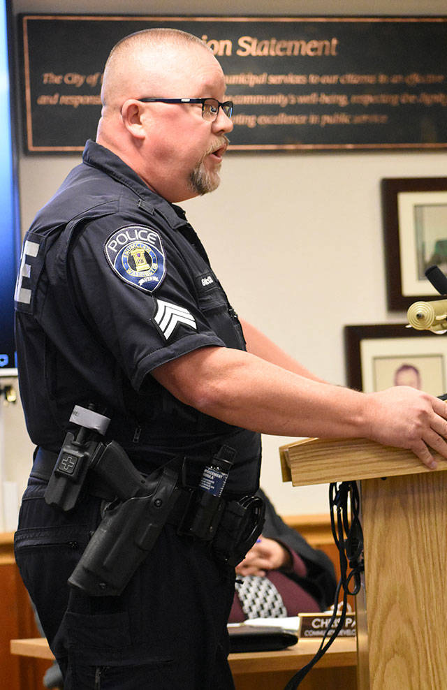 Police Sgt. Grant McCall addressed the City Council on Aug. 26, using the opportunity to praise recent developments in departmental leadership. Photo by Kevin Hanson