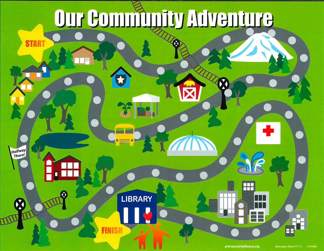 Various activities like reading together as a family, going outside to play games, or visiting a museum will move you along the game board. Once you reach the finish line, go to your local library for a prize. Image courtesy Pierce County Library System