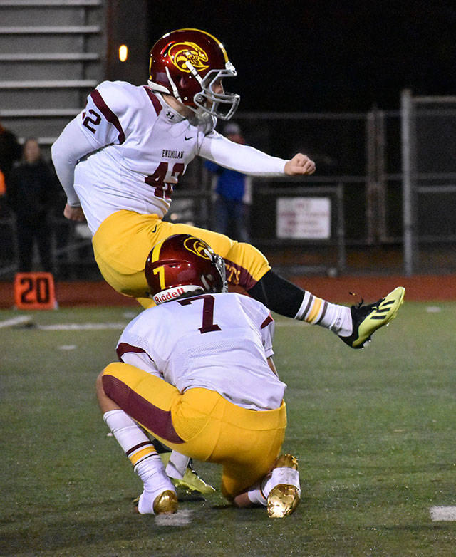Fulton Gunderson has handled Enumclaw’s kicking duties for two seasons, this time during a game on Oct. 4 against Kennedy Catholic, which the Hornets lost 42-13. Photo by Kevin Hanson