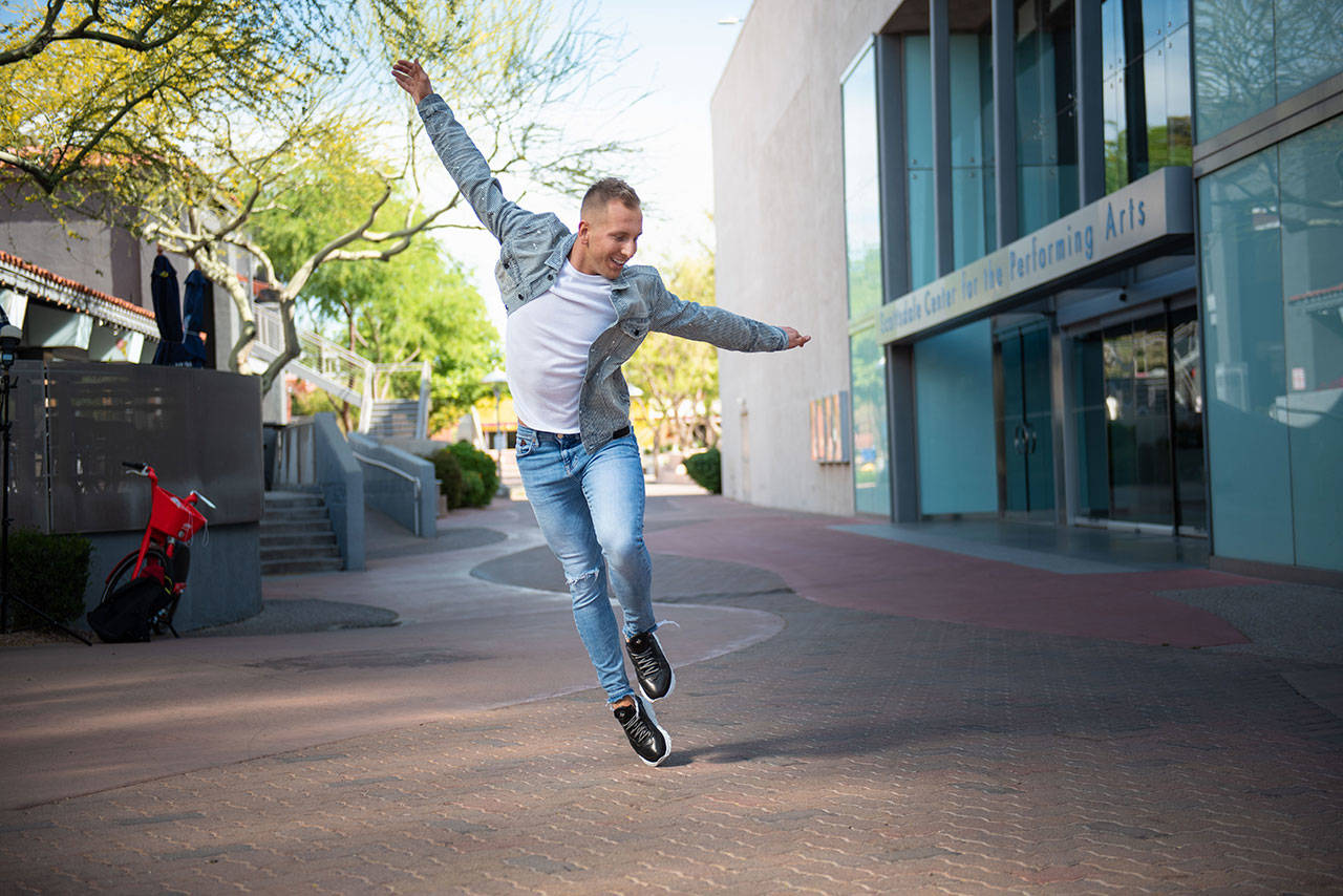 Zachary Kelley has been dancing since he was 8 years old, and now can not only tap dance, but is also trained in jazz, ballet, hip-hop, contemporary, lyrical, musical theater, and ballroom dancing. Here, Kelley is doing a promotional shoot on the streets of Scottsdale, Arizona. Photo by Jonathon Puente.