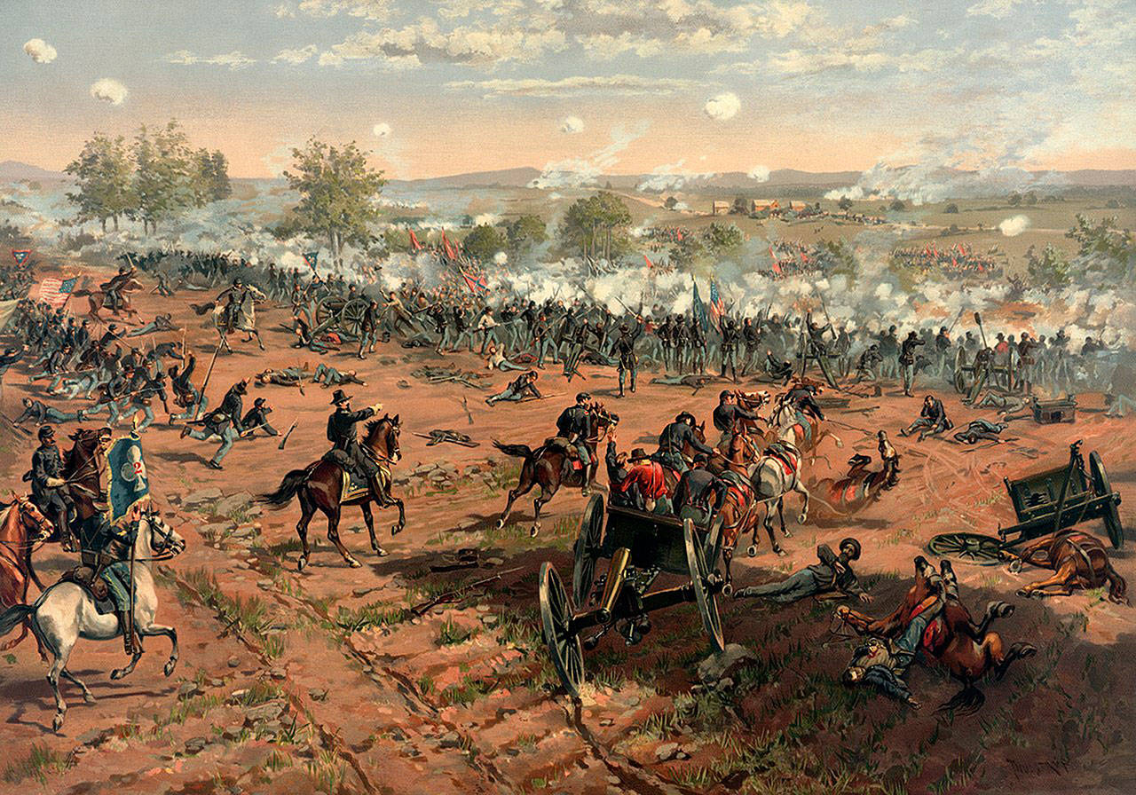 “Battle of Gettysburg,” by Thure de Thulstrup, restored by Adam Cuerden. This painting showed Union General Hancock at Gettysburg during Pickett’s Charge.